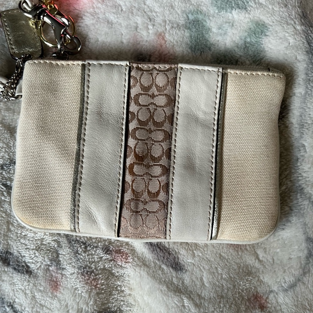 Coach Leather Wristlet Khaki Cream Corner Zip Coated Canvas